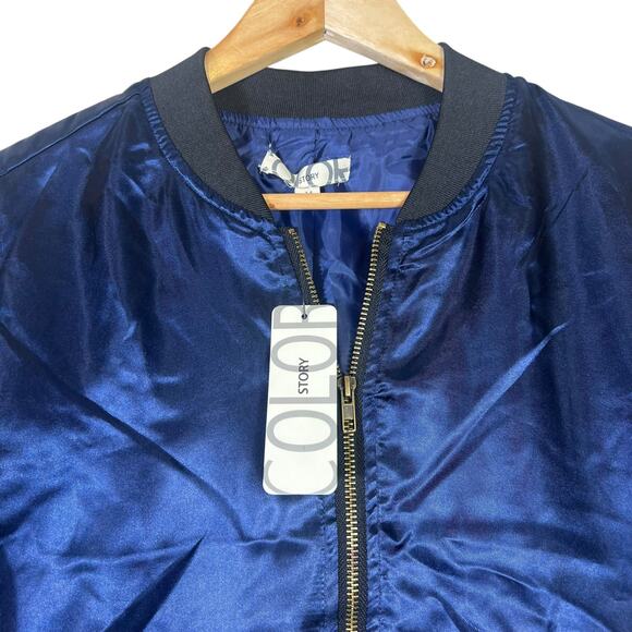 NWT Color Story Bomber Jacket Womens L Navy Satin Zip Up Ribbed Y2K Streetwear - Picture 6 of 8
